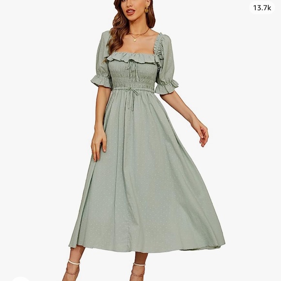 Dresses & Skirts - Sage green dress, polka dots, with puff sleeves